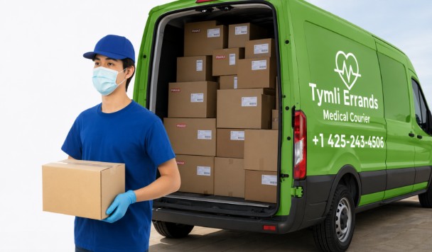 Seattle medical courier driver preparing healthcare delivery outside hospital facility