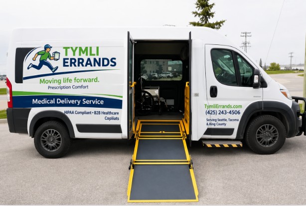 Tymli Errands medical delivery van with wheelchair ramp open, providing dialysis supply transport services in Seattle for renal clinics and patients.