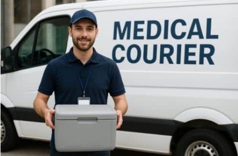 Medical courier driver delivering healthcare packages at a Seattle hospital facility