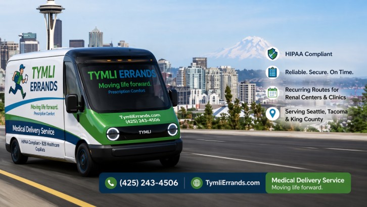 Tymli Errands medical delivery van driving in Seattle with skyline and Mount Rainier in the background, highlighting HIPAA-compliant courier services.