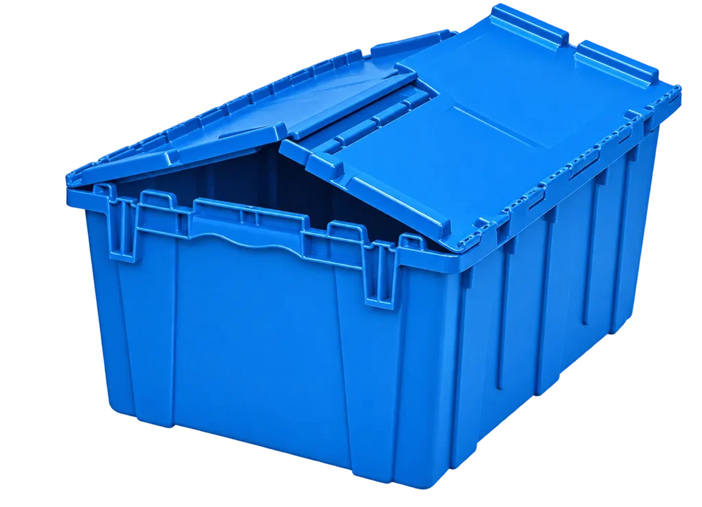 Blue reusable round-trip moving tote with attached hinged lids for moving and storage rental in Seattle