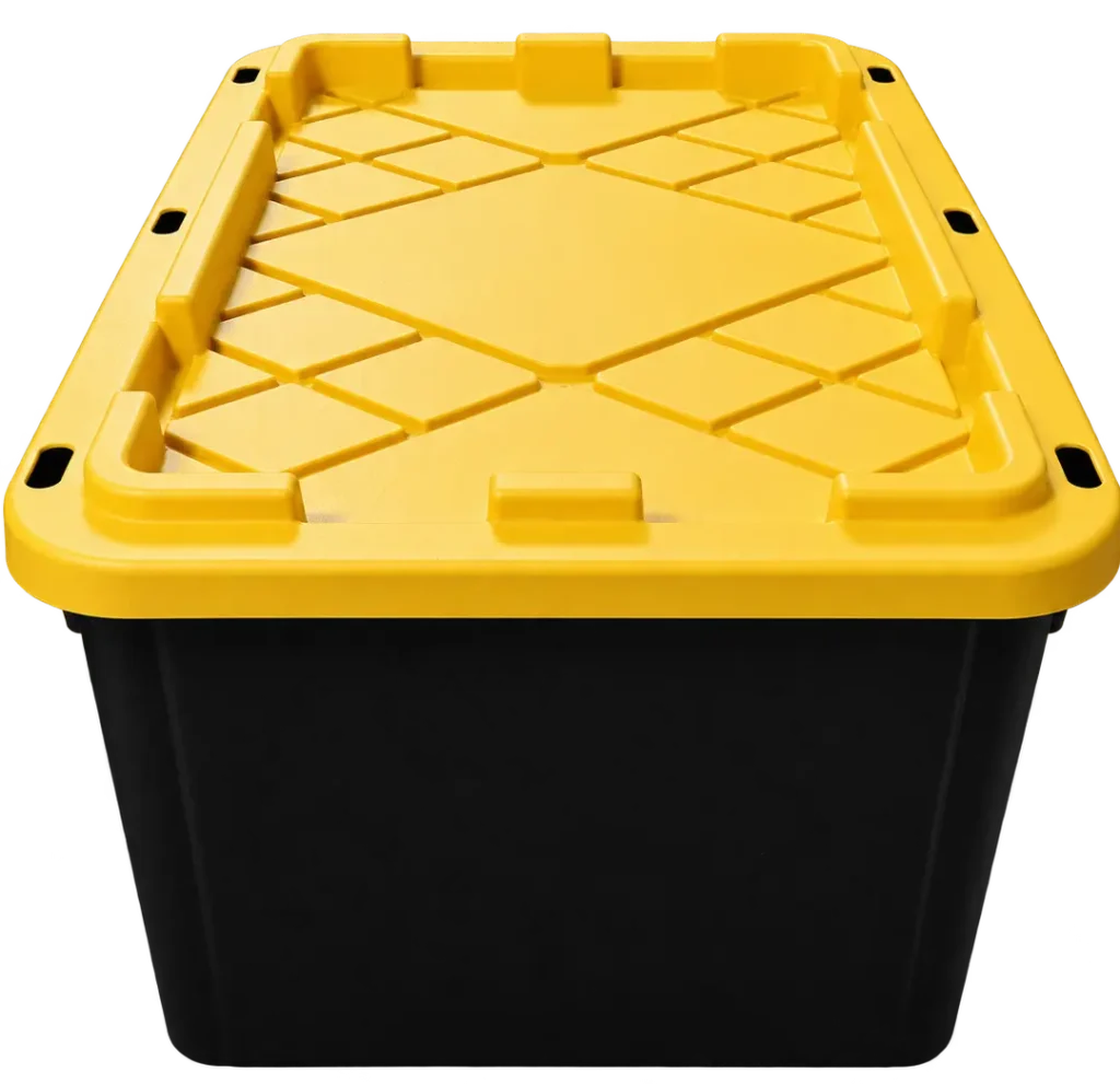 Black reusable moving bin with yellow lid available for rental in Seattle